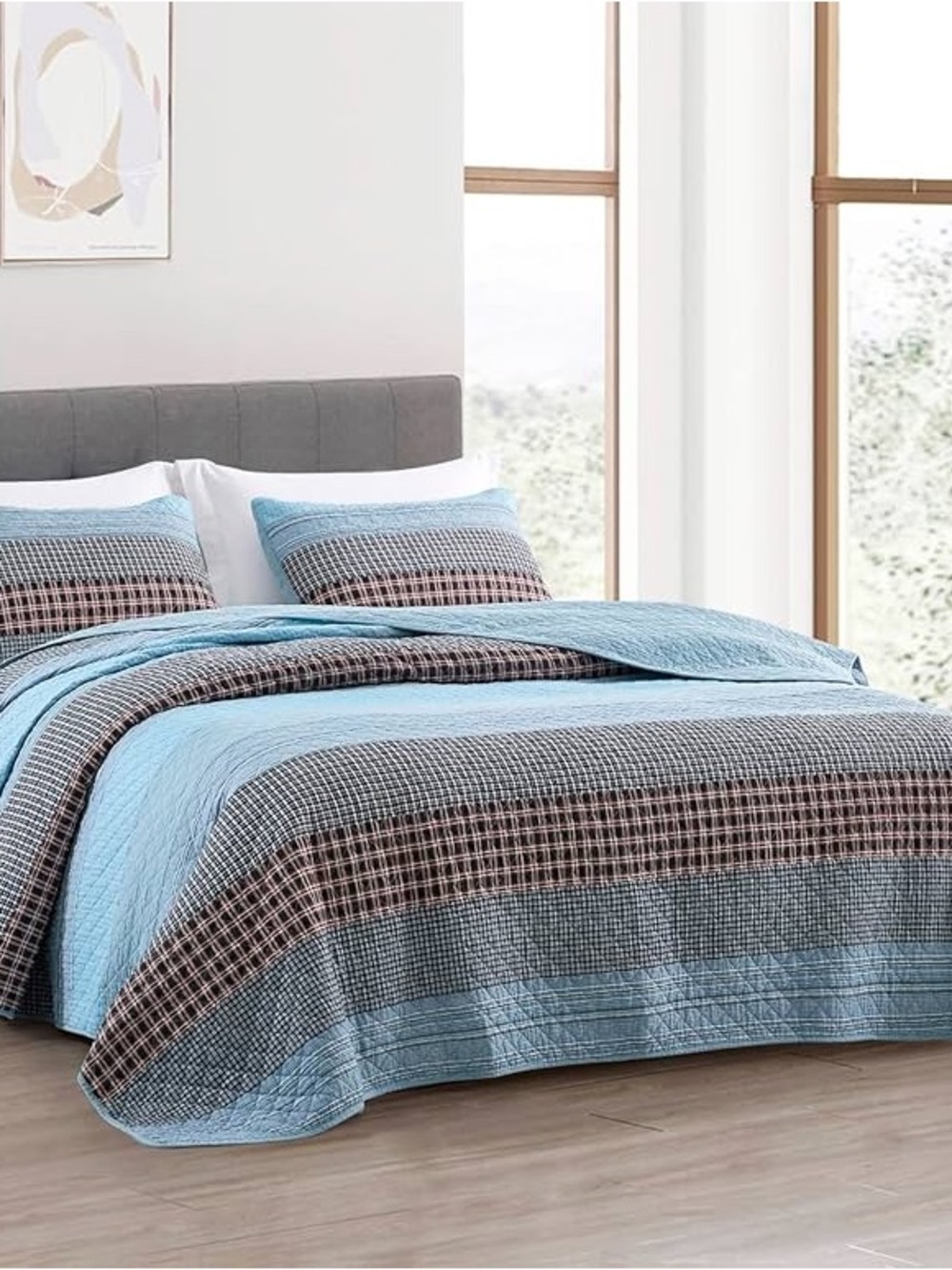 Blue 100% cotton king 3 piece quilt set